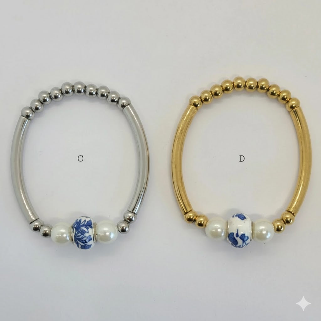 (MBRA-06-F) Stainless Steel - Pearls Bracelet