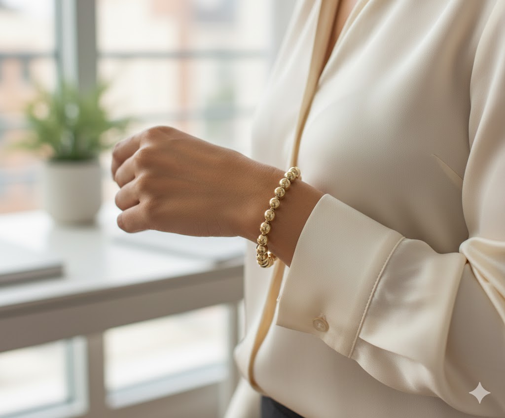 18k Gold Layered 8mm Beaded Women’s Bracelet, Gold Plain Ball Beads Bracelet