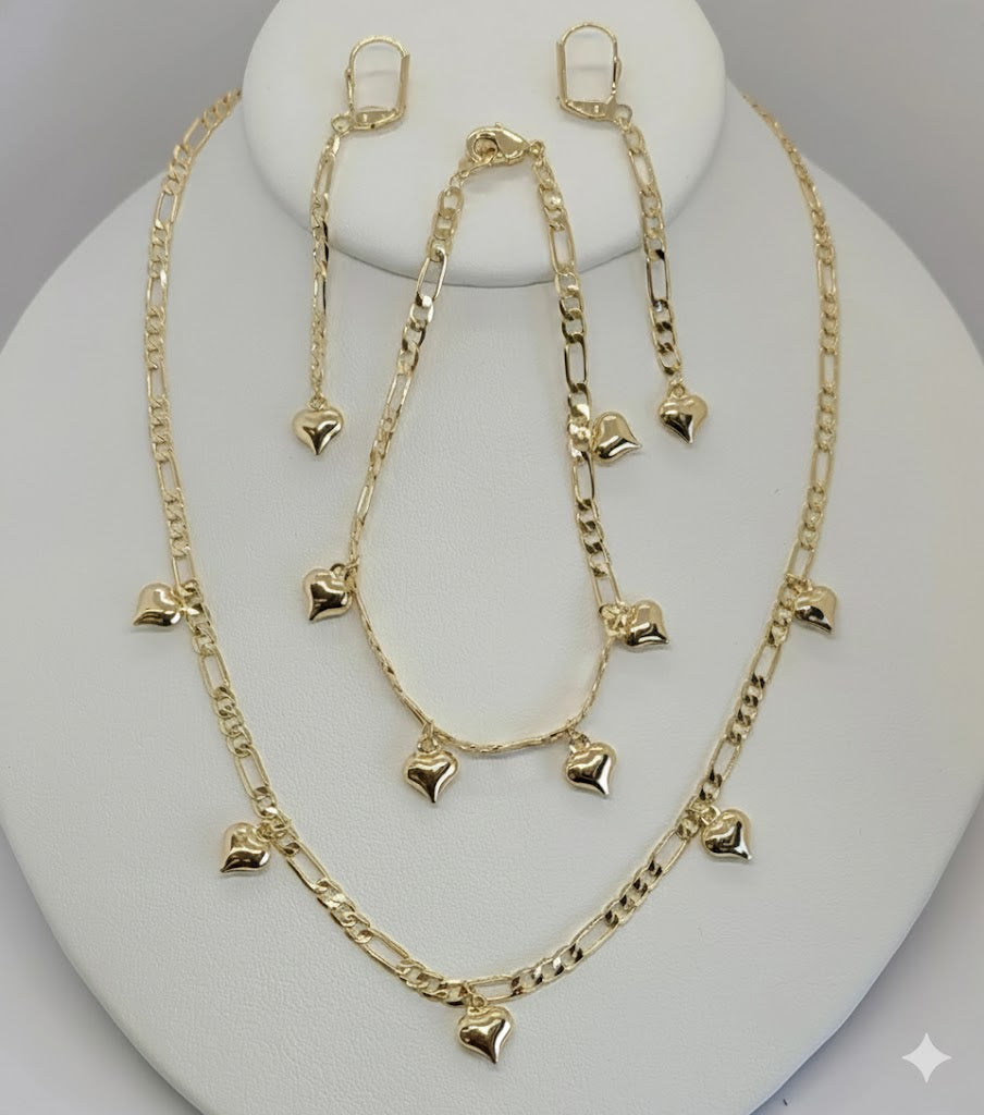 (1-6194) Laminado dorado - Cadena Figaro con dijes de corazón - BGO