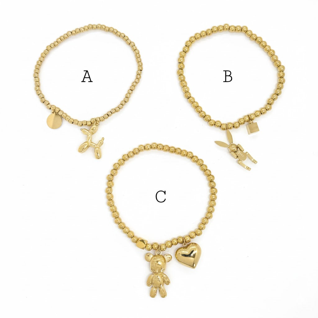 (MBRA-33) Pulsera de acero inoxidable con cuentas y dijes de animales.