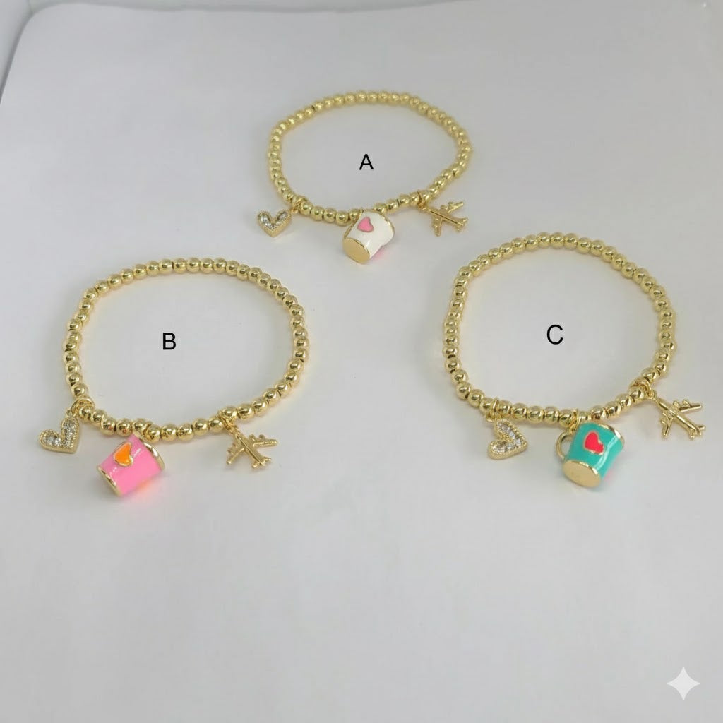 (MBRA-10-J) Pulsera de acero inoxidable con dijes y cuentas.