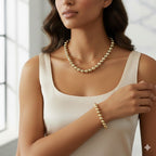 SET 18k Gold Layered 8mm Beaded Women’s Chain & Bracelet, Gold Plain Ball Beads Chain,Bracelet