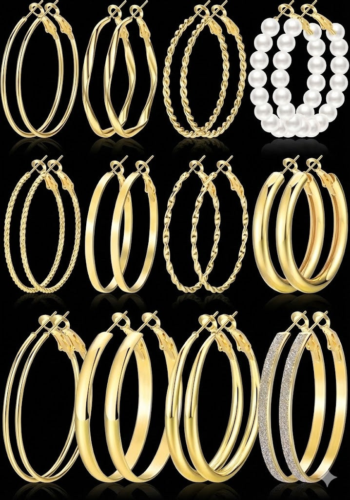 Gold Hoop Earrings Set for Women, 12 Pairs Hypoallergenic Large/Big Thin Thick Gold Hoops Earrings Loop Pack for Jewelry Gift 40mm/50mm