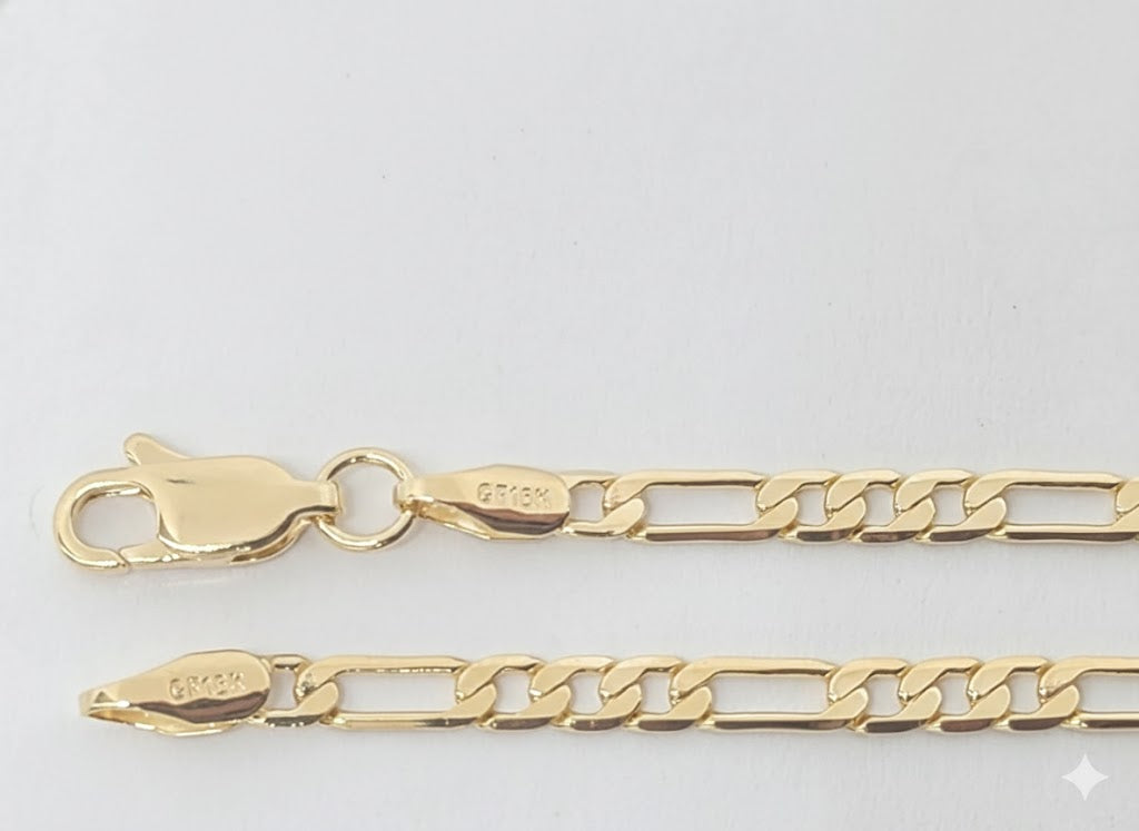 (1-0407) Laminado de oro - Pulsera Figaro plana de 3 mm - BGF