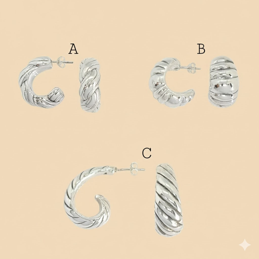 (2-4095) 925 Sterling Silver - Chunky Half Hoops.