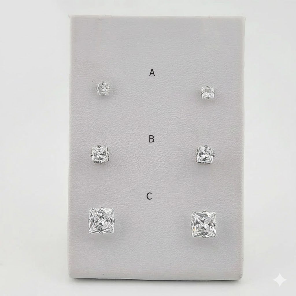 (4-2196) Stainless Steel - Square Zircon Stud Earrings.