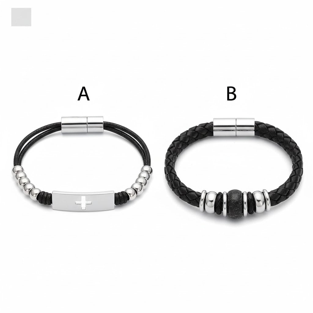 (MBRA-16-Q) Pulsera de acero inoxidable y cuero para hombre.
