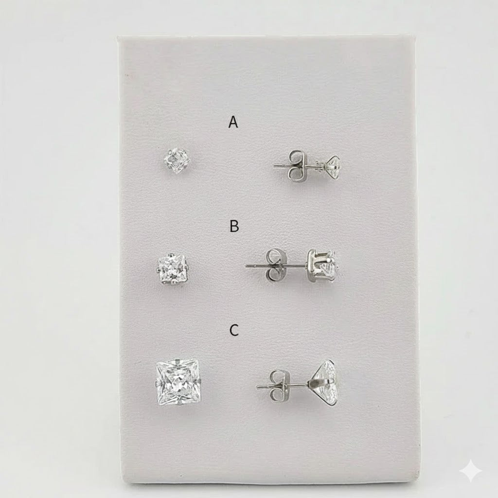 (4-2196) Stainless Steel - Square Zircon Stud Earrings.
