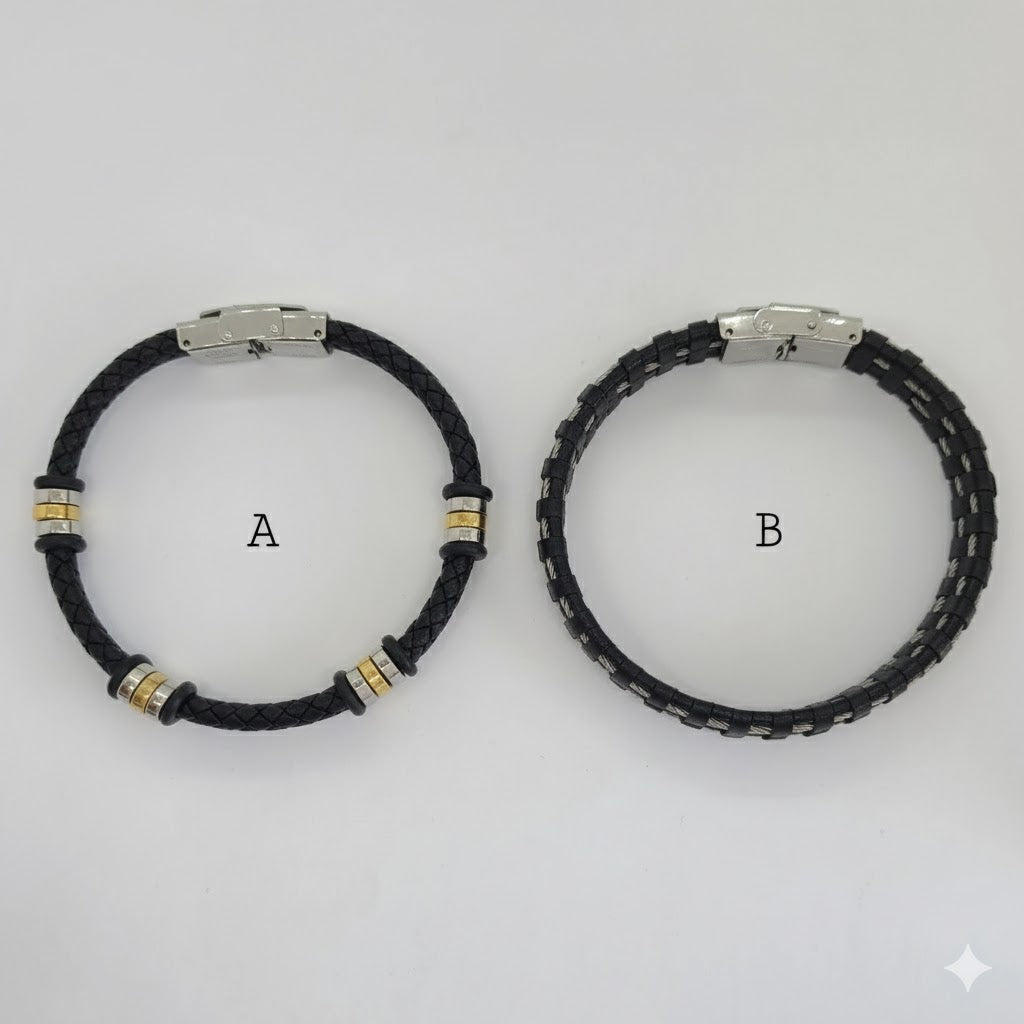 (MBRA-17-R) Stainless Steel - Leather Men Bracelet.