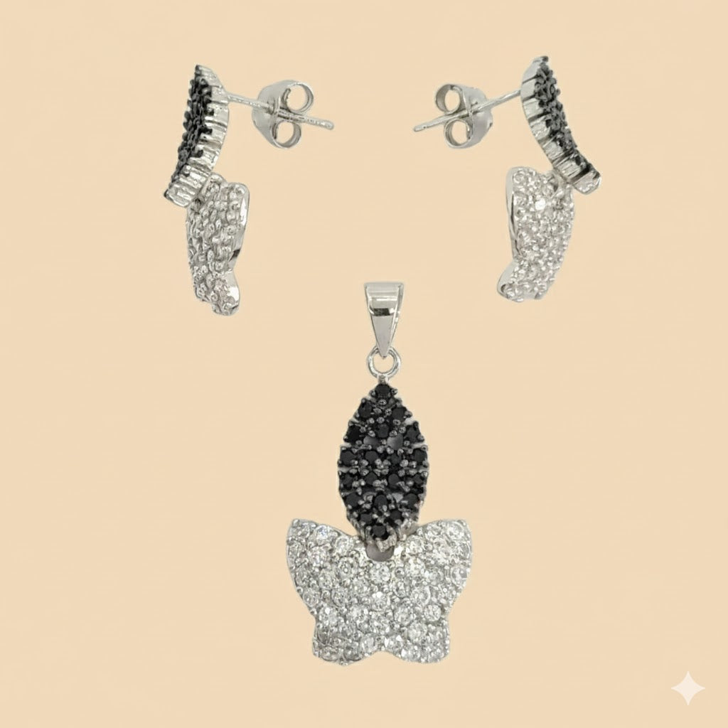 (2-6476) Conjunto Mariposa Plata Ley 925 - Zirconia.