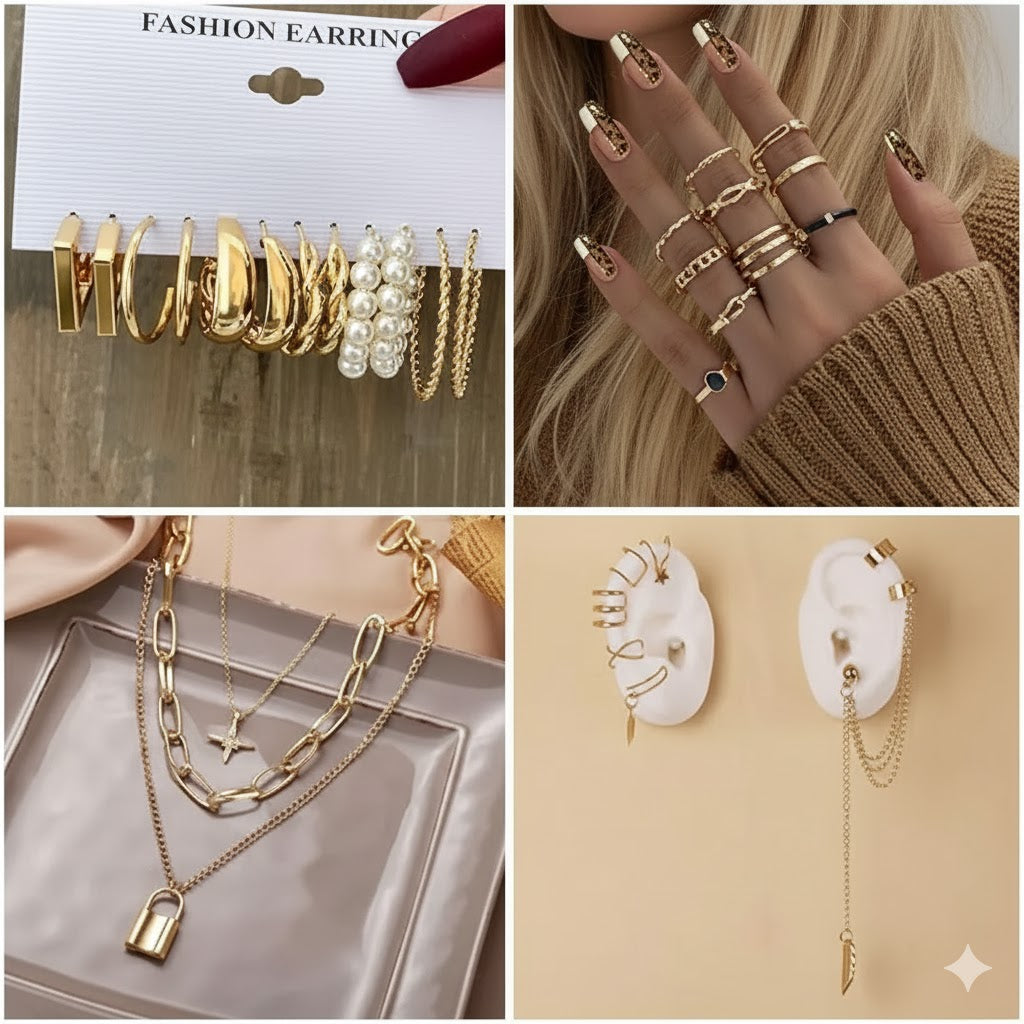 73 Pcs Gold Jewelry Set with 6Pcs Layered Necklace, 11 Pcs anklet and 7Pcs Earring Ear Cuff,12Hoop Earrings ,15pcs Rings,21pcs stud earrings Jewerly set for Women Pack for Friendship Party Gift