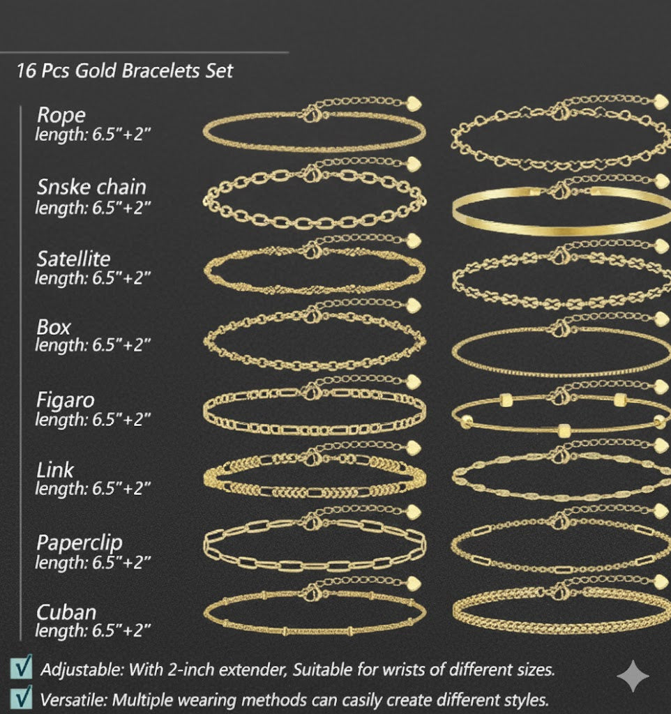 16 PCS Gold Bracelets for Women, Dainty Bracelets Set for Women Trendy, Gold Stackable Cuban Link Paperclip Chain Bracelet Pack Jewelry Gifts for Women
