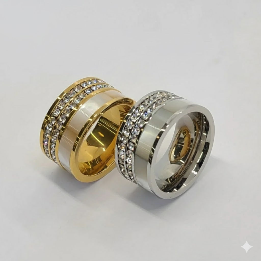 (4-0039) Stainless Steel - Zircon and Nacre Ring.