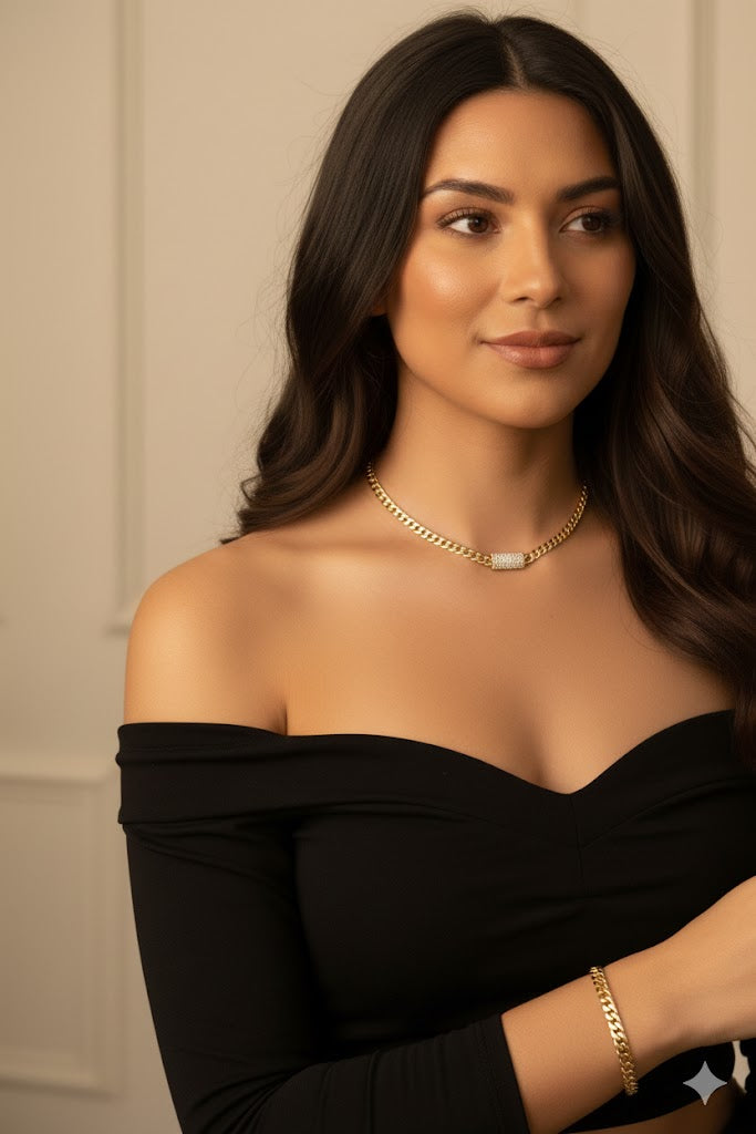 SET 14k Gold Filled 6mm Monaco Link Necklace Chain & Bracelet with CZ Pave Embellished Clasp