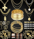 137 Pieces Gold Jewelry Set for Women, 12 Necklace, 14 Bracelet, 21 Earrings, 24 Knuckle Rings, 66 Hair Accessory Gold Plated Jewelry Set for Women Gift