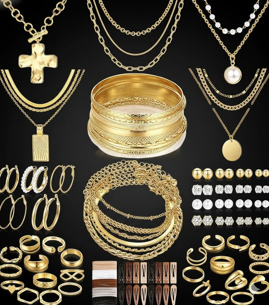 137 Pieces Gold Jewelry Set for Women, 12 Necklace, 14 Bracelet, 21 Earrings, 24 Knuckle Rings, 66 Hair Accessory Gold Plated Jewelry Set for Women Gift