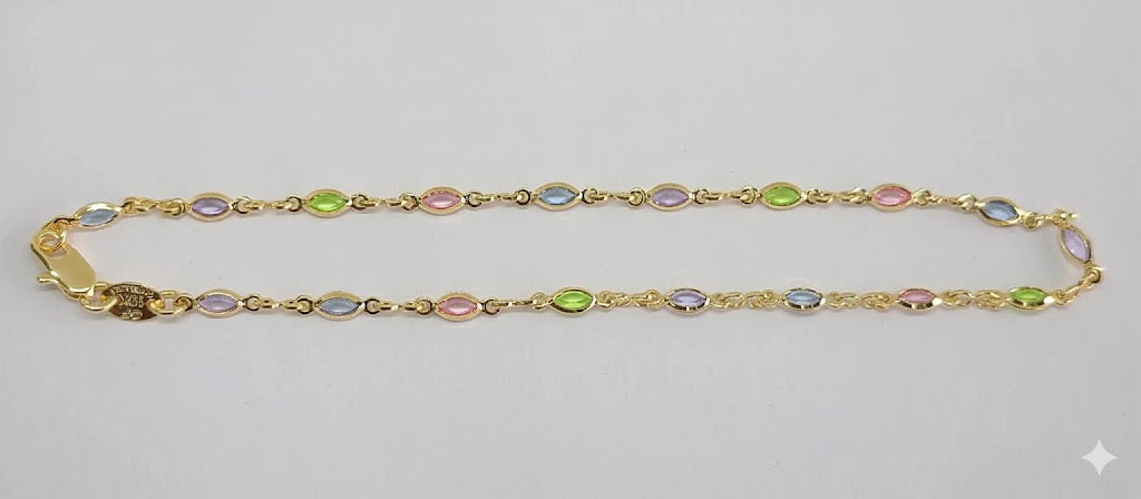 (1-0121) Tobilleras con eslabones de piedras multicolores laminadas en oro de 3 mm - 10" - BGF