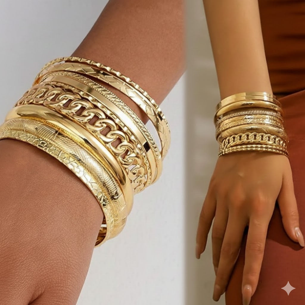 Gold Bangle Bracelets for Women, Bangles Stackable Set, Multi Layer Textured 14K Gold Plated Chunky Bracelets Boho Jewelrys Set