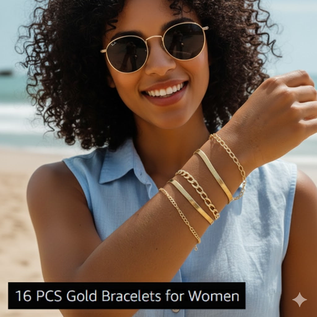 16 PCS Gold Bracelets for Women, Dainty Bracelets Set for Women Trendy, Gold Stackable Cuban Link Paperclip Chain Bracelet Pack Jewelry Gifts for Women