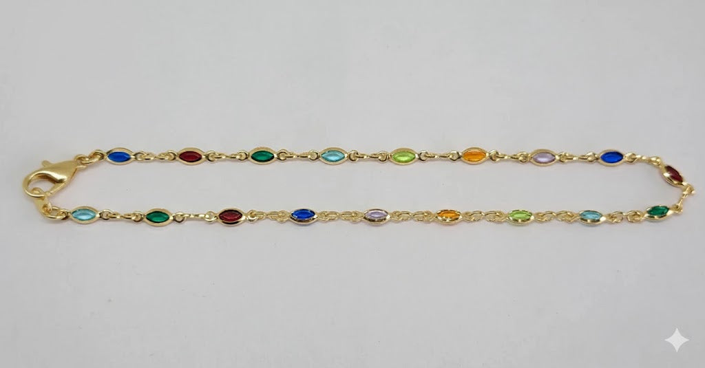 (1-0121) Tobilleras con eslabones de piedras multicolores laminadas en oro de 3 mm - 10" - BGF