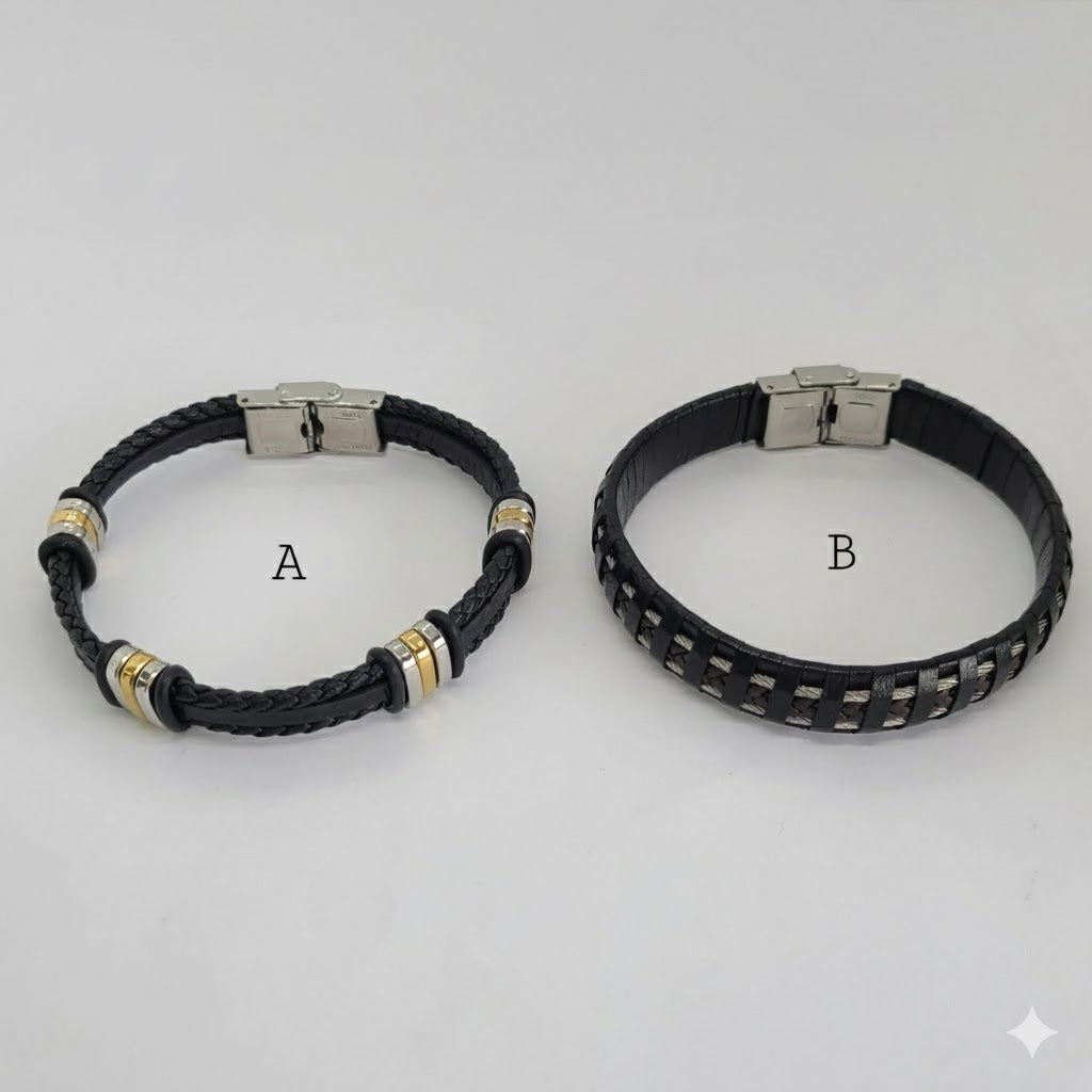 (MBRA-17-R) Stainless Steel - Leather Men Bracelet.