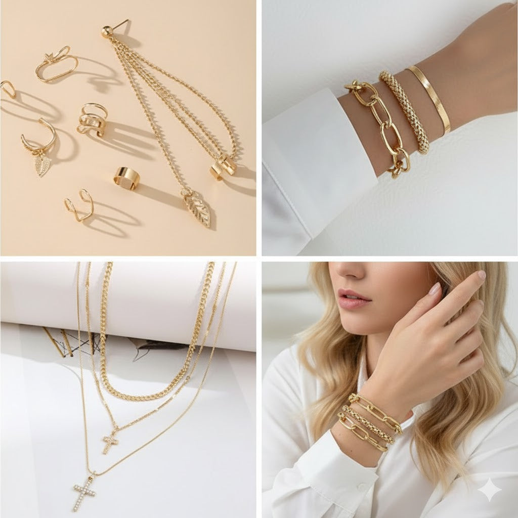 73 Pcs Gold Jewelry Set with 6Pcs Layered Necklace, 11 Pcs anklet and 7Pcs Earring Ear Cuff,12Hoop Earrings ,15pcs Rings,21pcs stud earrings Jewerly set for Women Pack for Friendship Party Gift