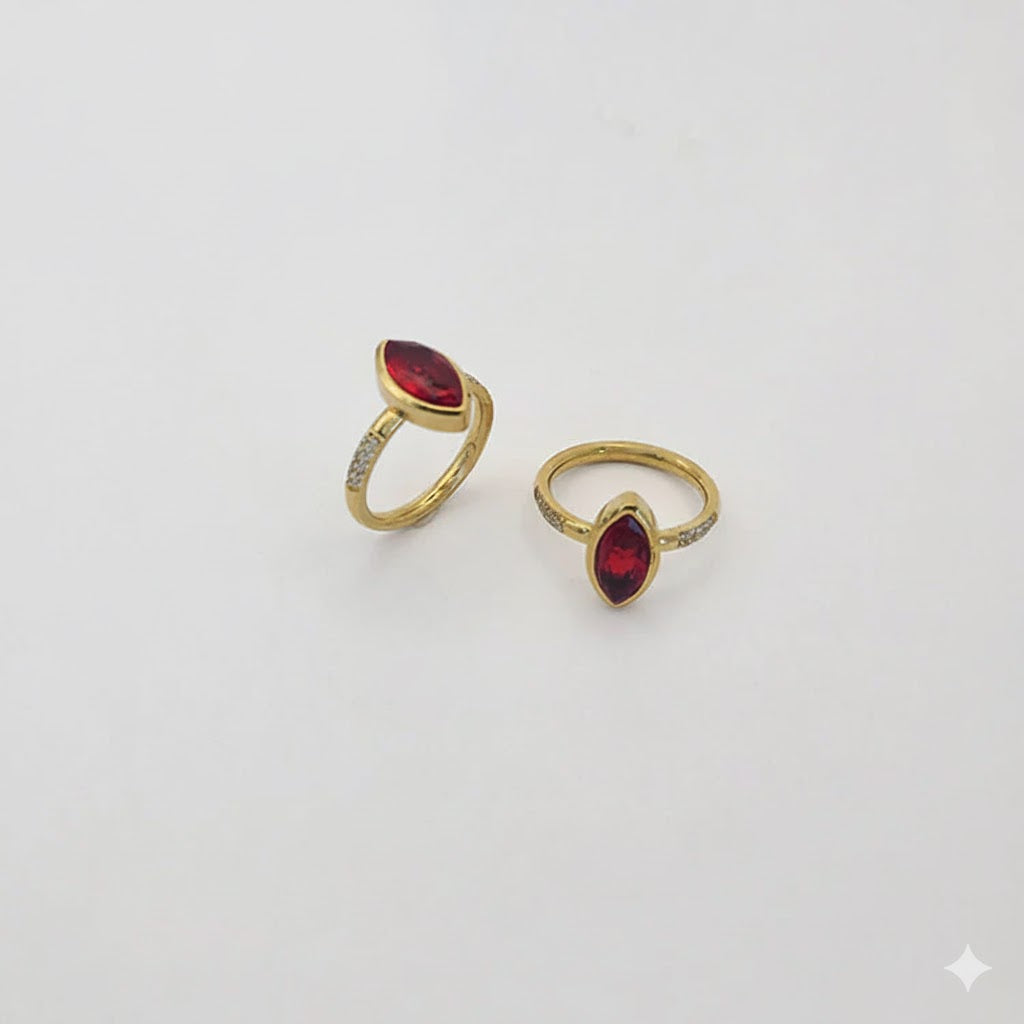 (4-0064) Stainless Steel - Elongated Red Zircon Ring.
