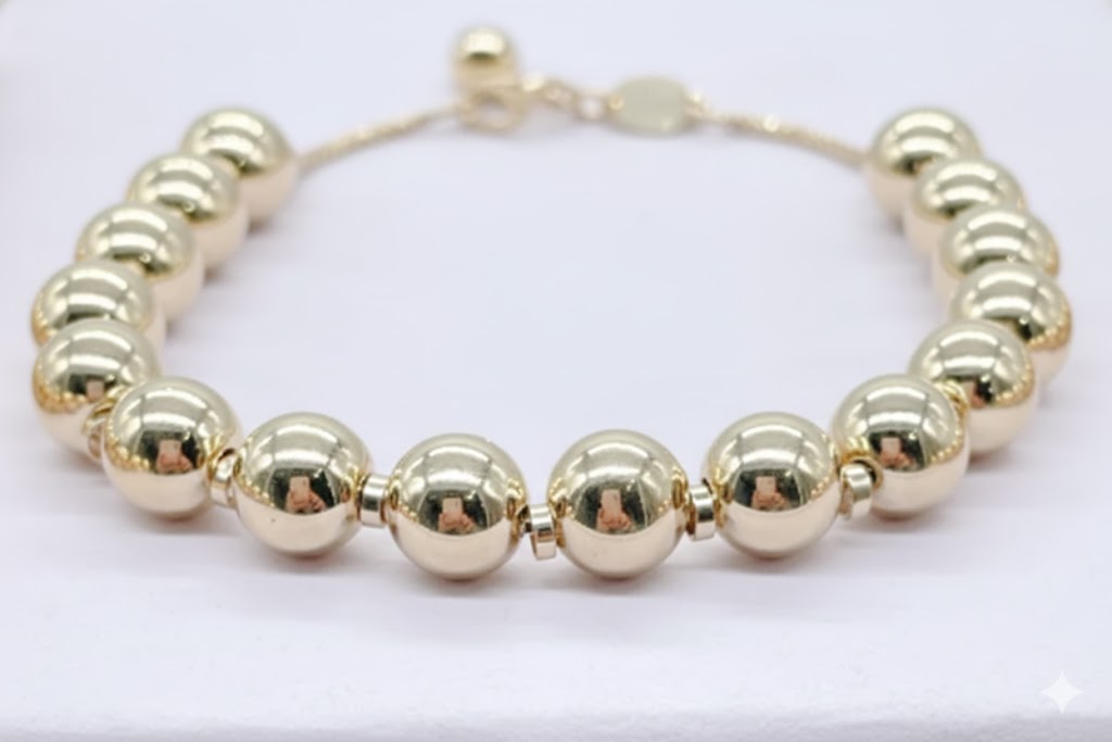 18k Gold Layered 8mm Beaded Women’s Bracelet, Gold Plain Ball Beads Bracelet